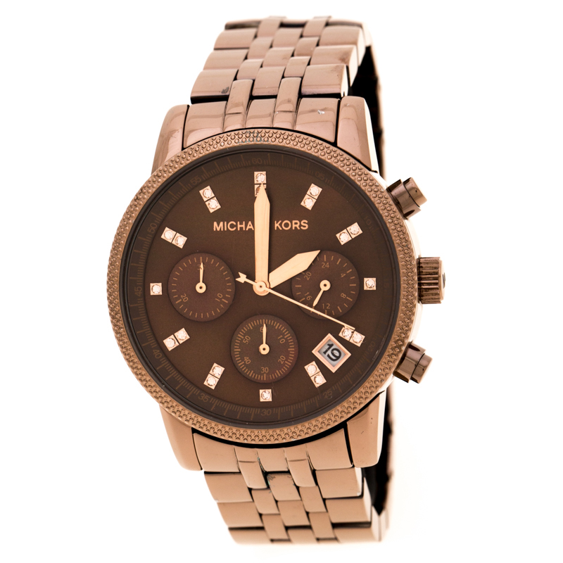 Pre Owned Michael Kors Brown Mother of Pearl Brown Ion Coated Stainless Steel Ritz MK5547 Women's Wristwatch 36 mm