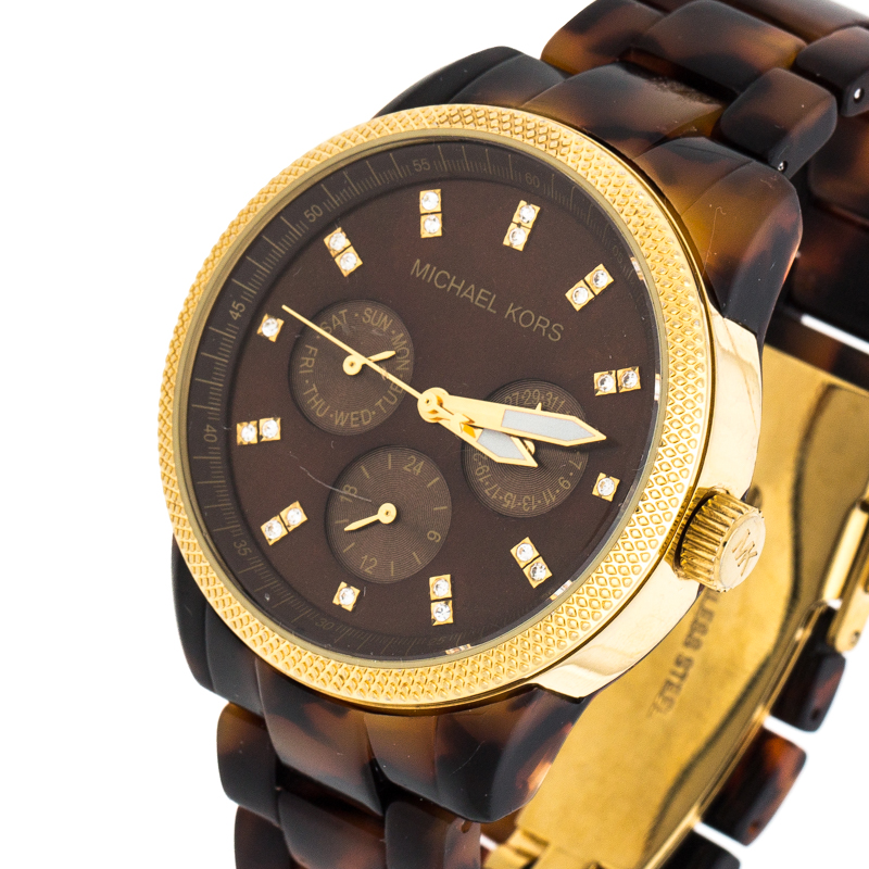

Michael Kors Brown Mother of Pearl Tortoise Shell Acrylic Gold Plated Steel Jet Set MK5038 Women's Wristwatch