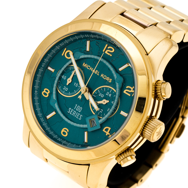 

Michael Kors Aqua Blue Yellow Gold Plated Stainless Steel Watch Hunger Stop Runway MK8315 Women's Wristwatch