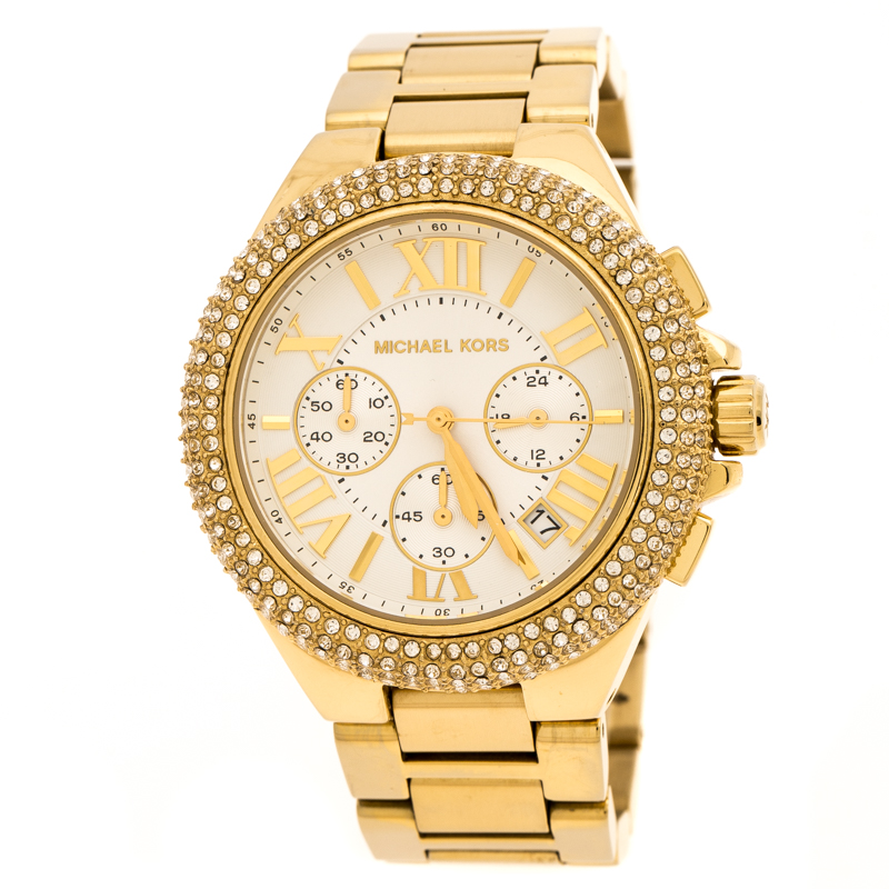 مملوكة مسبقًا Michael Kors White Yellow Gold Plated Stainless Steel Bradshaw MK5657 Women's Wristwatch 45 mm