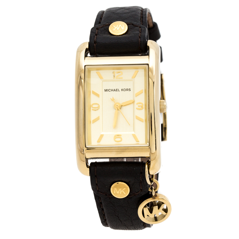Pre Owned Michael Kors Yellow Gold Plated Stainless Steel Leather Jet Set MK2166 Women's Wristwatch 26 mm