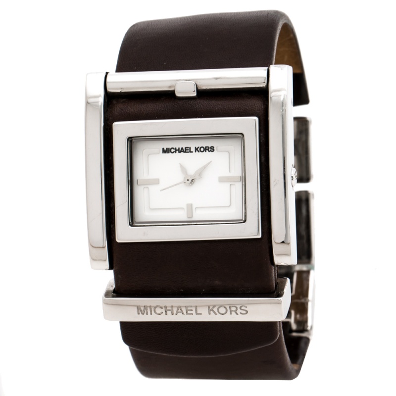مملوكة مسبقًا Michael Kors Silver White Stainless Steel Leather MK2121 Women's Wristwatch 37 mm