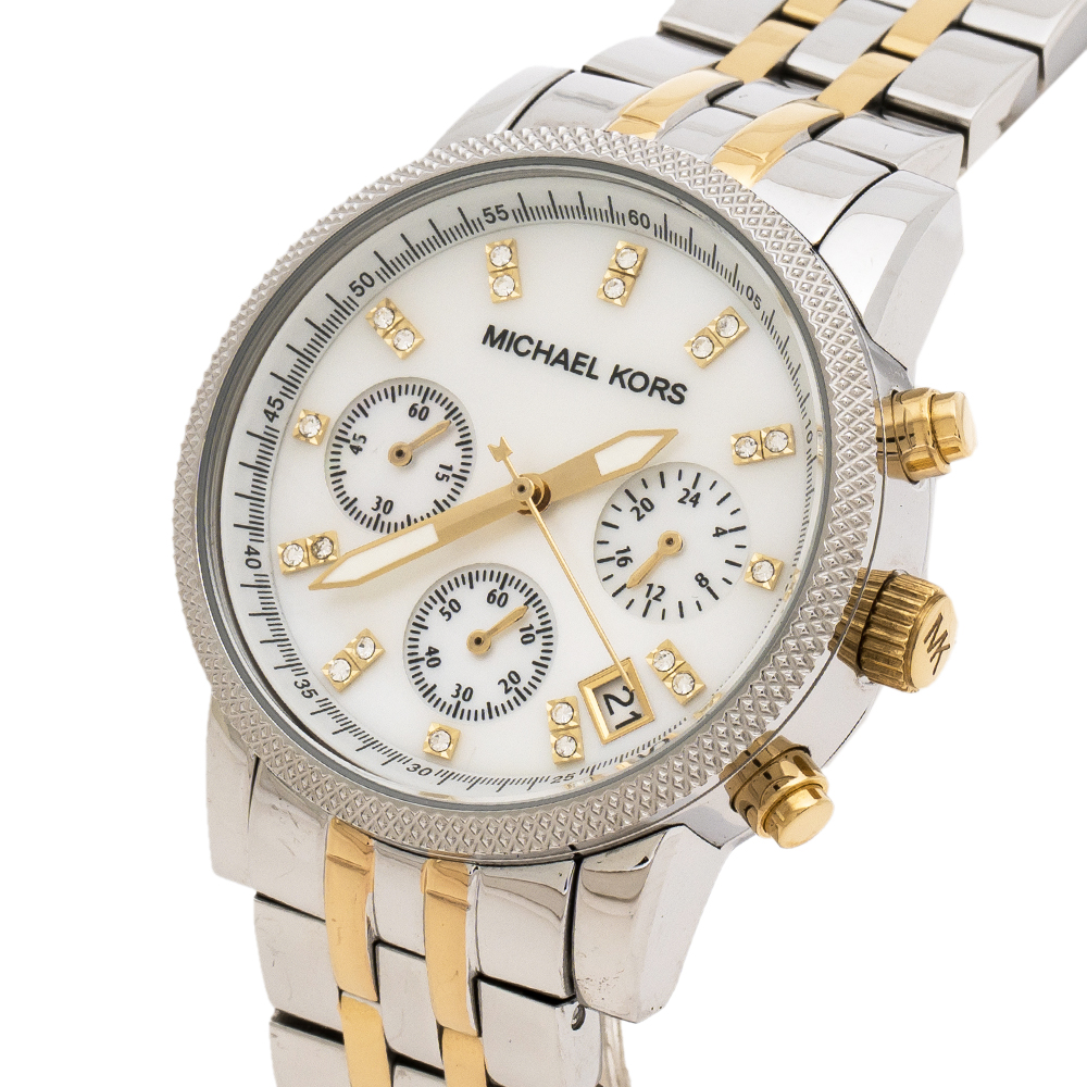 

Michael Kors White Mother Of Pearl Two-Tone Stainless Steel Ritz MK5057 Women's Wristwatch, Silver