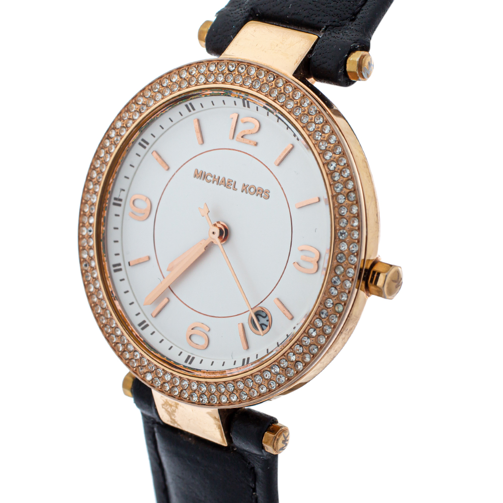 

Michael Kors White Rose Gold Tone Stainless Steel Leather Mini Parker MK2462 Women's Wristwatch, Black
