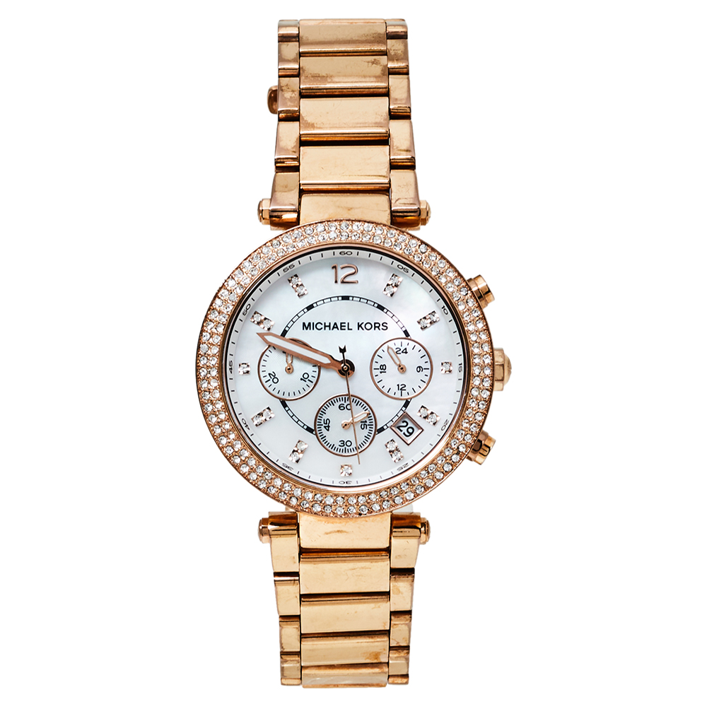 Pre-owned Michael Kors Mother Of Pearl Rose Gold Tone Stainless Steel Parker Mk5491 Women's Wristwatch Mm In White | ModeSens
