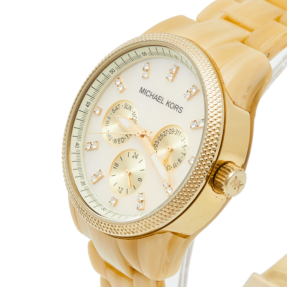

Michael Kors Mother Of Pearl Gold Tone Stainless Steel Horn Resin Jet Set MK5039 Women's Wristwatch, Cream