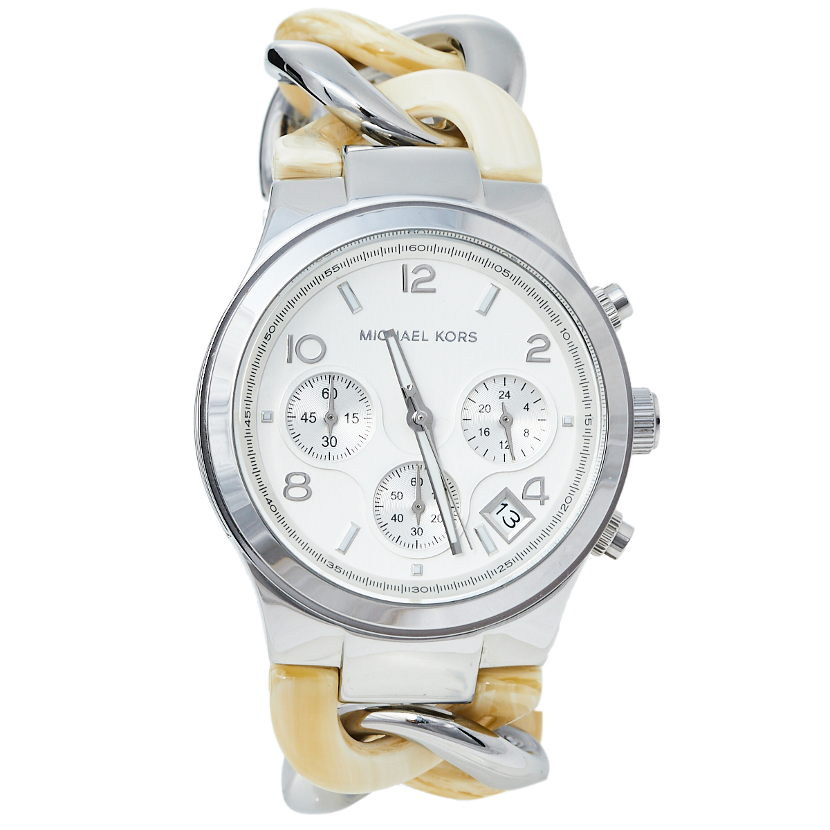 Pre-owned Michael Kors Silver Stainless Steel & Acrylic Chain Runway Mk4263 Women's Wristwatch 38 Mm