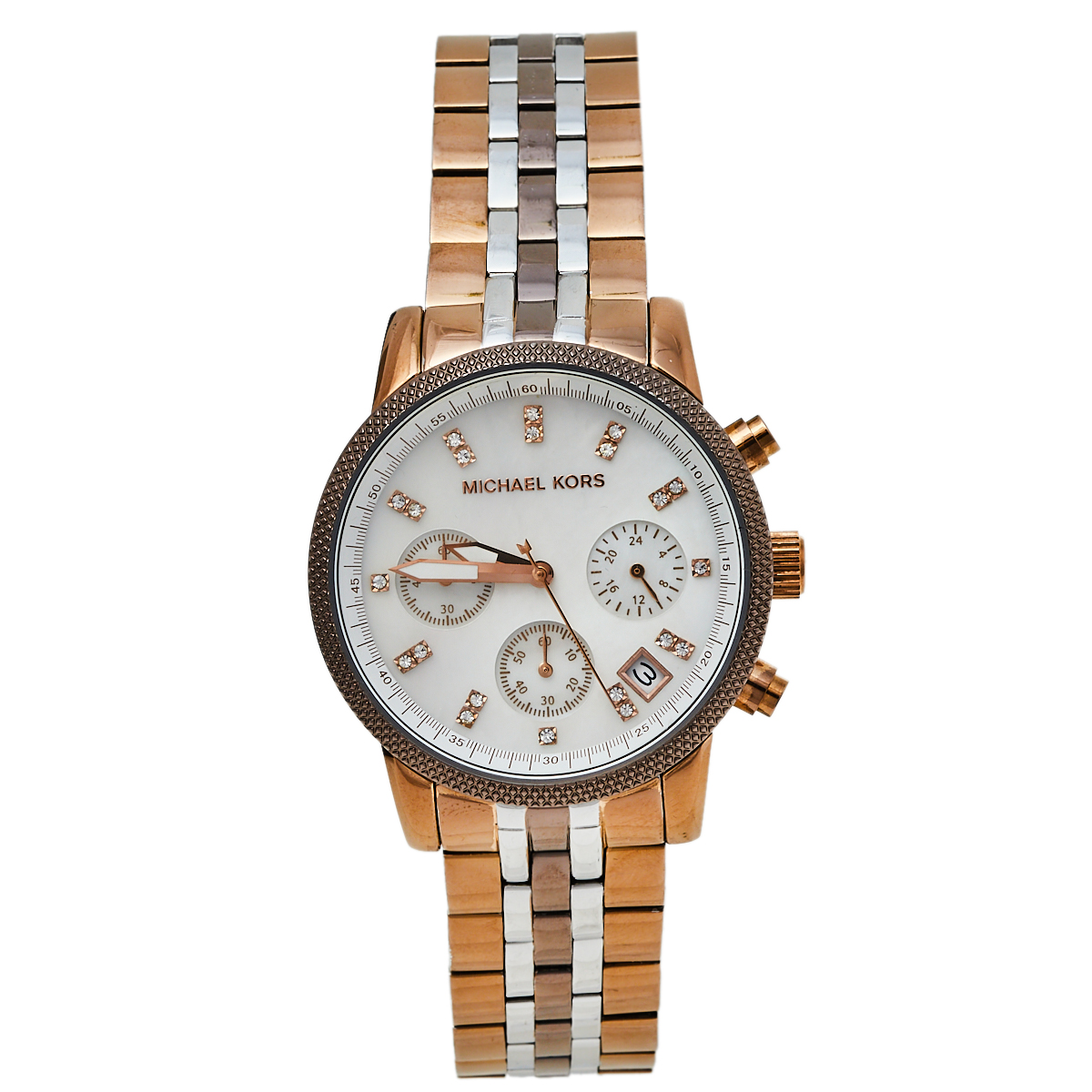 Pre-owned Michael Kors Mother Of Pearl Three-tone Stainless Steel Mk5642 Women's Wristwatch 37 Mm In White