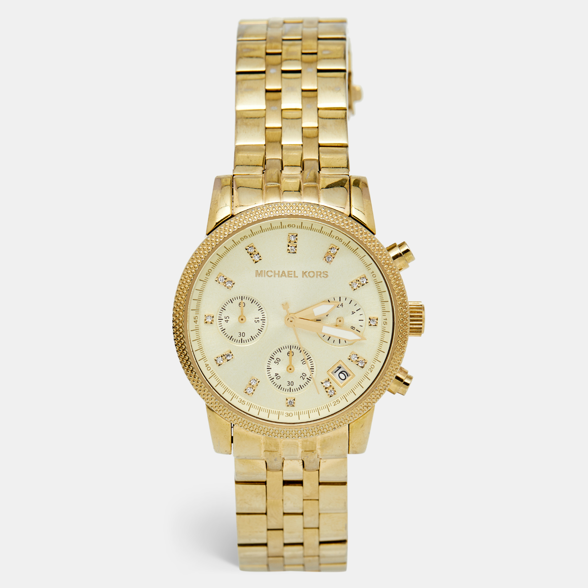 Pre Owned Michael Kors Mickael Kors Champagne Gold Plated Stainless Steel Ritz Mk5676 Womens 5156