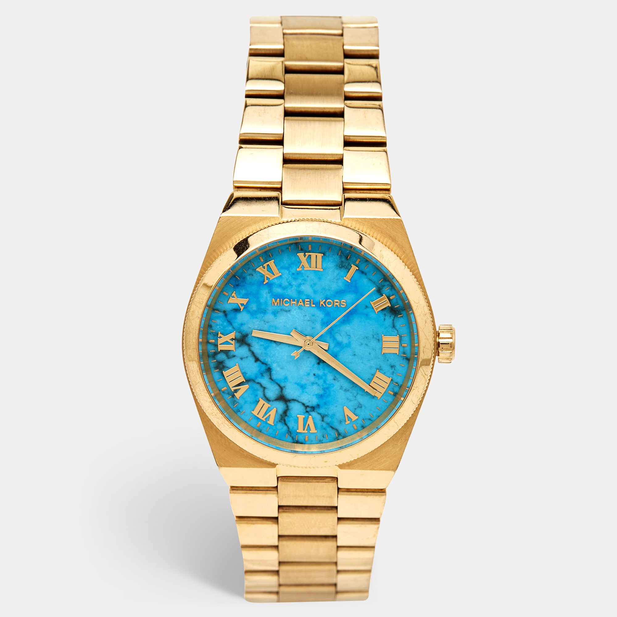 Pre-owned Michael Kors Blue Gold Plated Stainless Steel Channing Mk5894 Women's Wristwatch 38 Mm