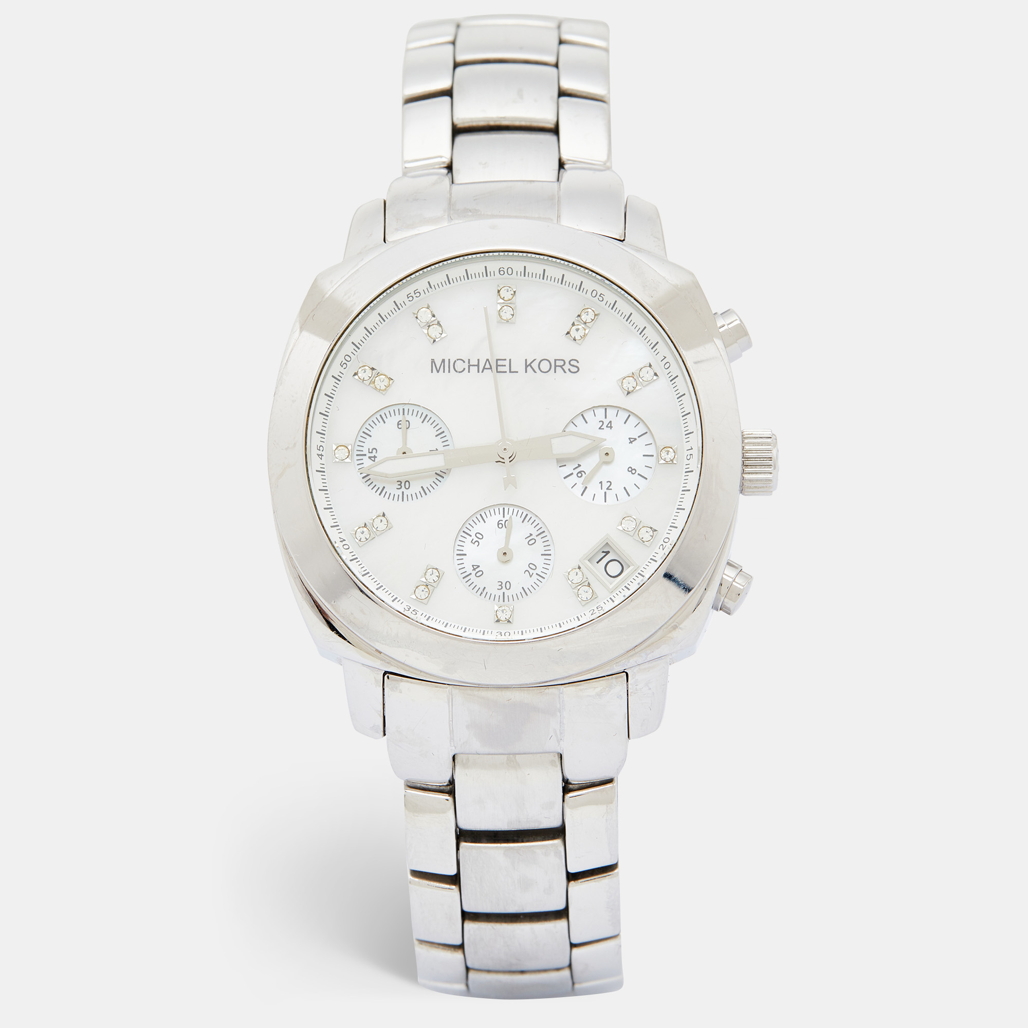 Pre-owned Michael Kors White Mother Of Pearl Stainless Steel Mk5092 Women's Wristwatch 35 Mm In Silver