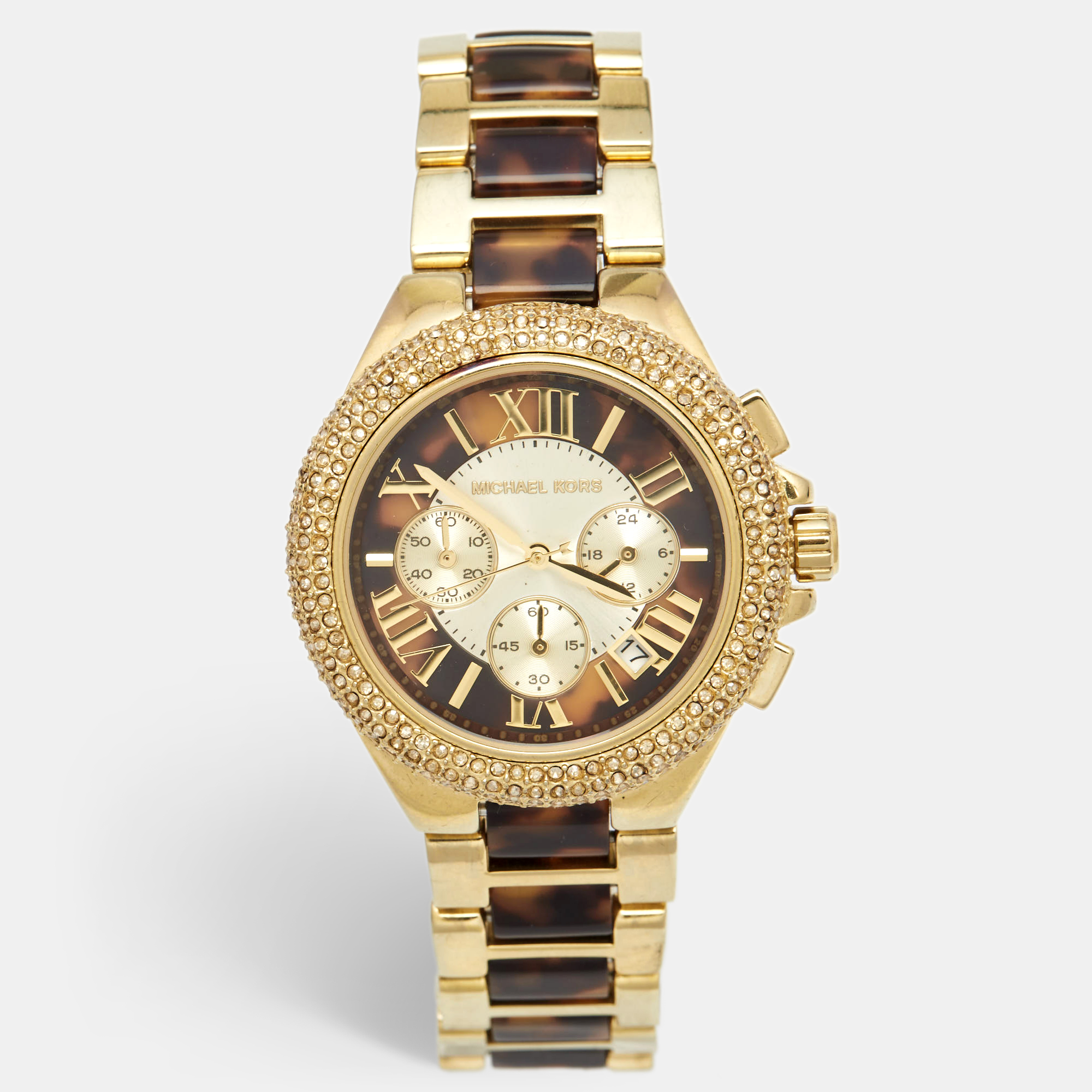 Pre-owned Michael Kors Brown Gold Plated Stainless Steel Acetate Camille Mk5901 Women's Wristwatch 43 Mm