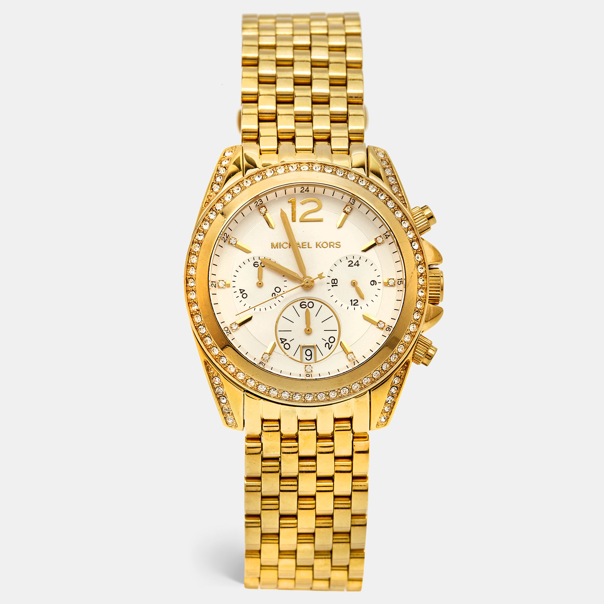 

Michael Kors White Dial Gold Plated Stainless Steel Crystal Embellished Pressly MK5835 Women's Wristwatch