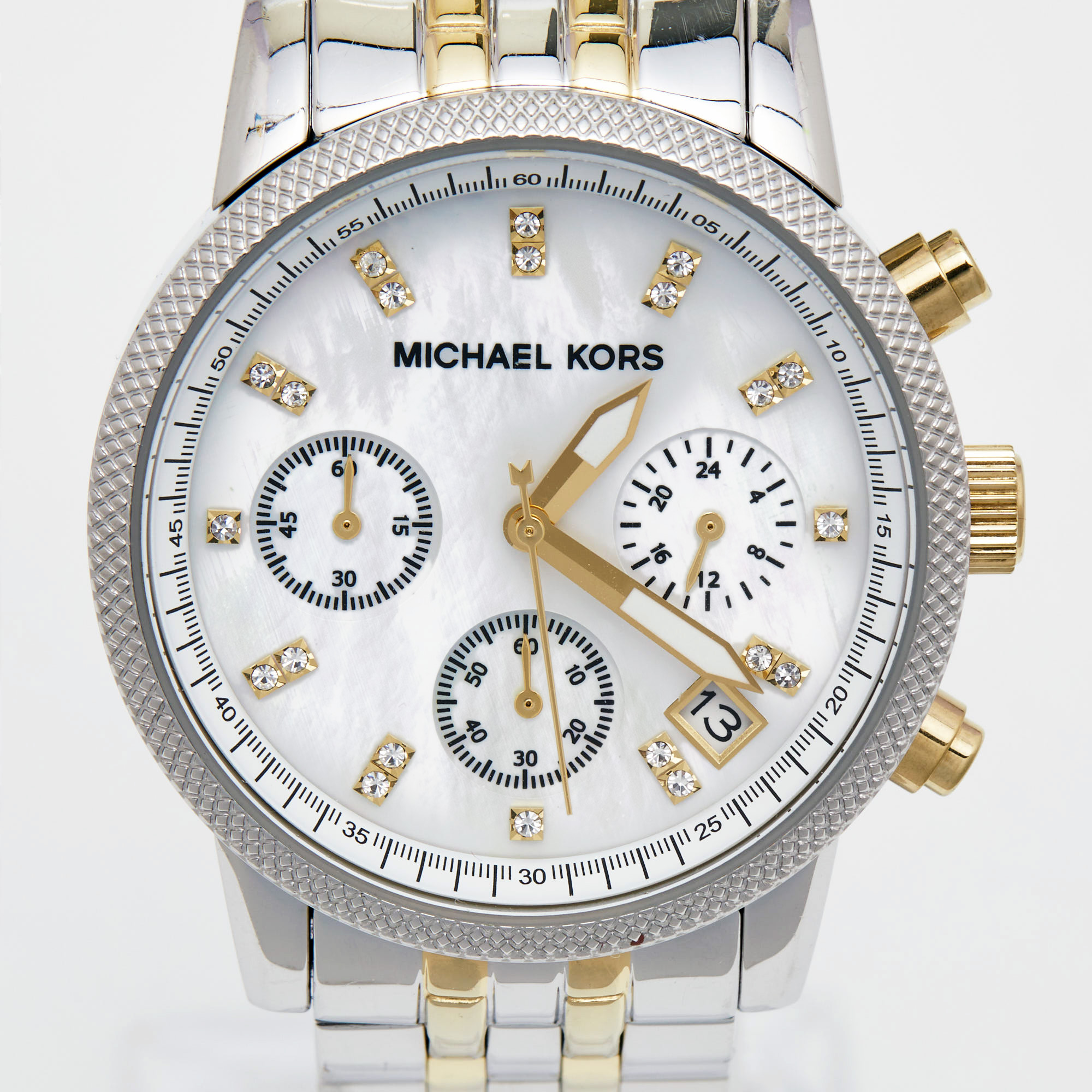

Michael Kors White Mother Of Pearl Two-Tone Stainless Steel Jet Set Series MK5057 Women's Wristwatch, Silver