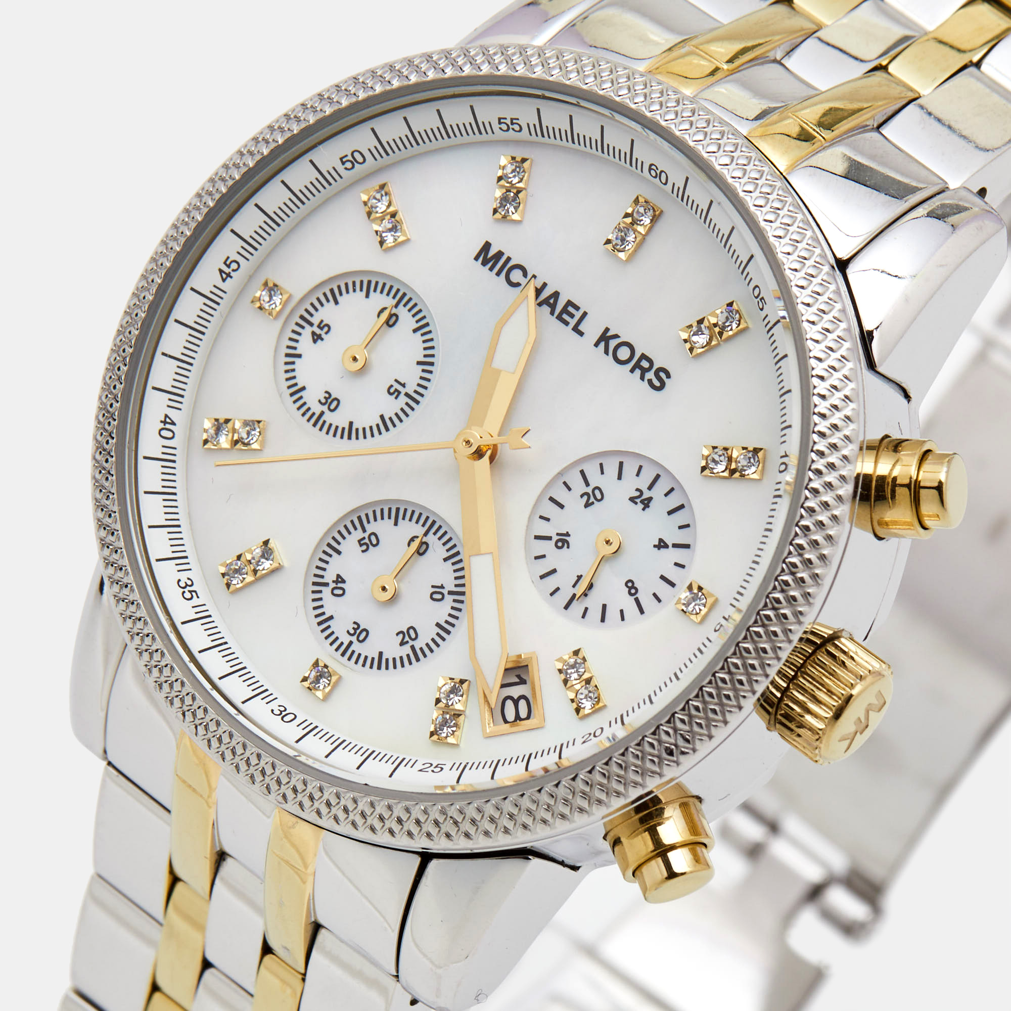 

Michael Kors White Mother Of Pearl Two-Tone Stainless Steel Jet Set Series MK5057 Women's Wristwatch, Silver