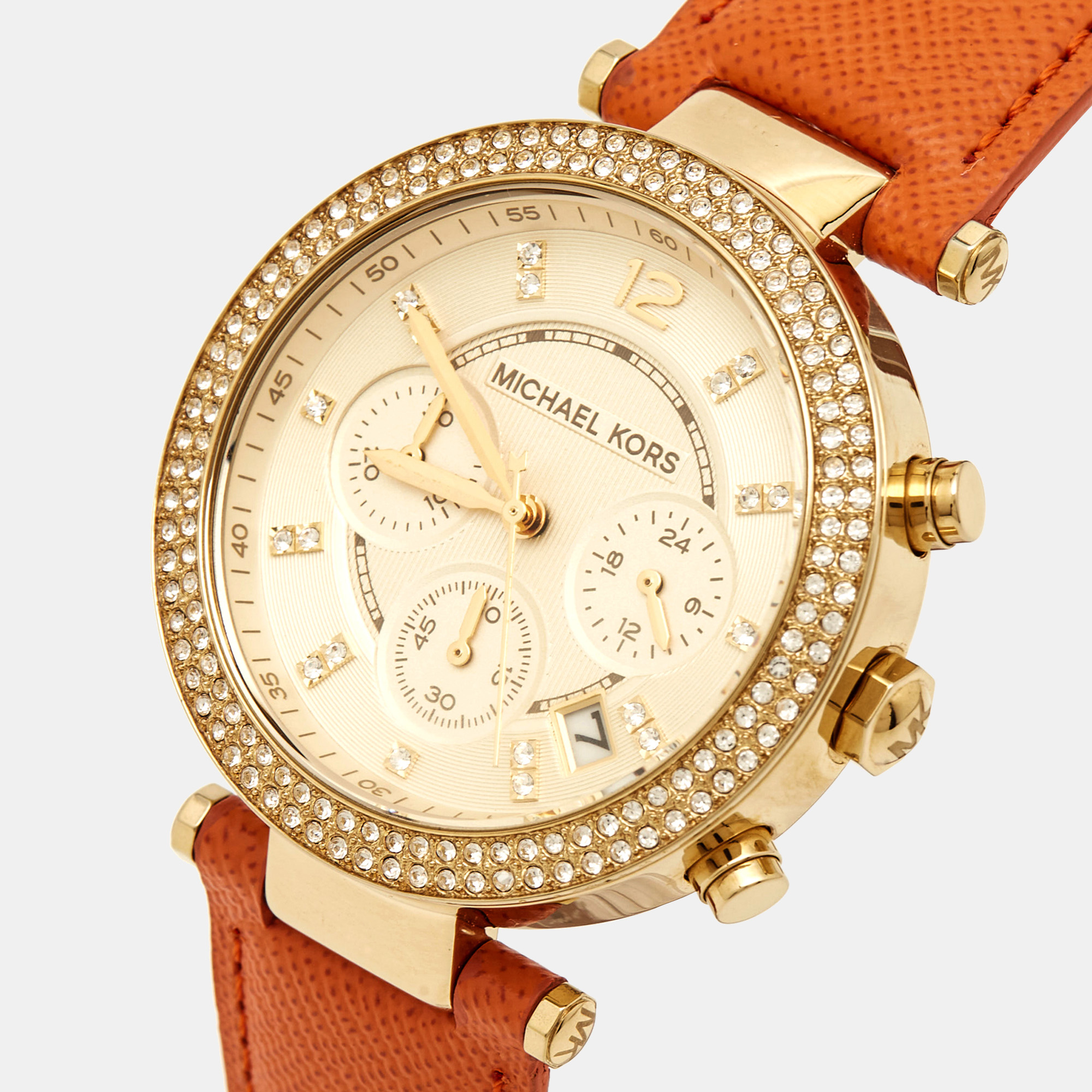 

MIchael Kors Champagne Gold Plated Stainless Steel Leather Crystal Embellished Parker MK2279 Women's Wristwatch, Orange