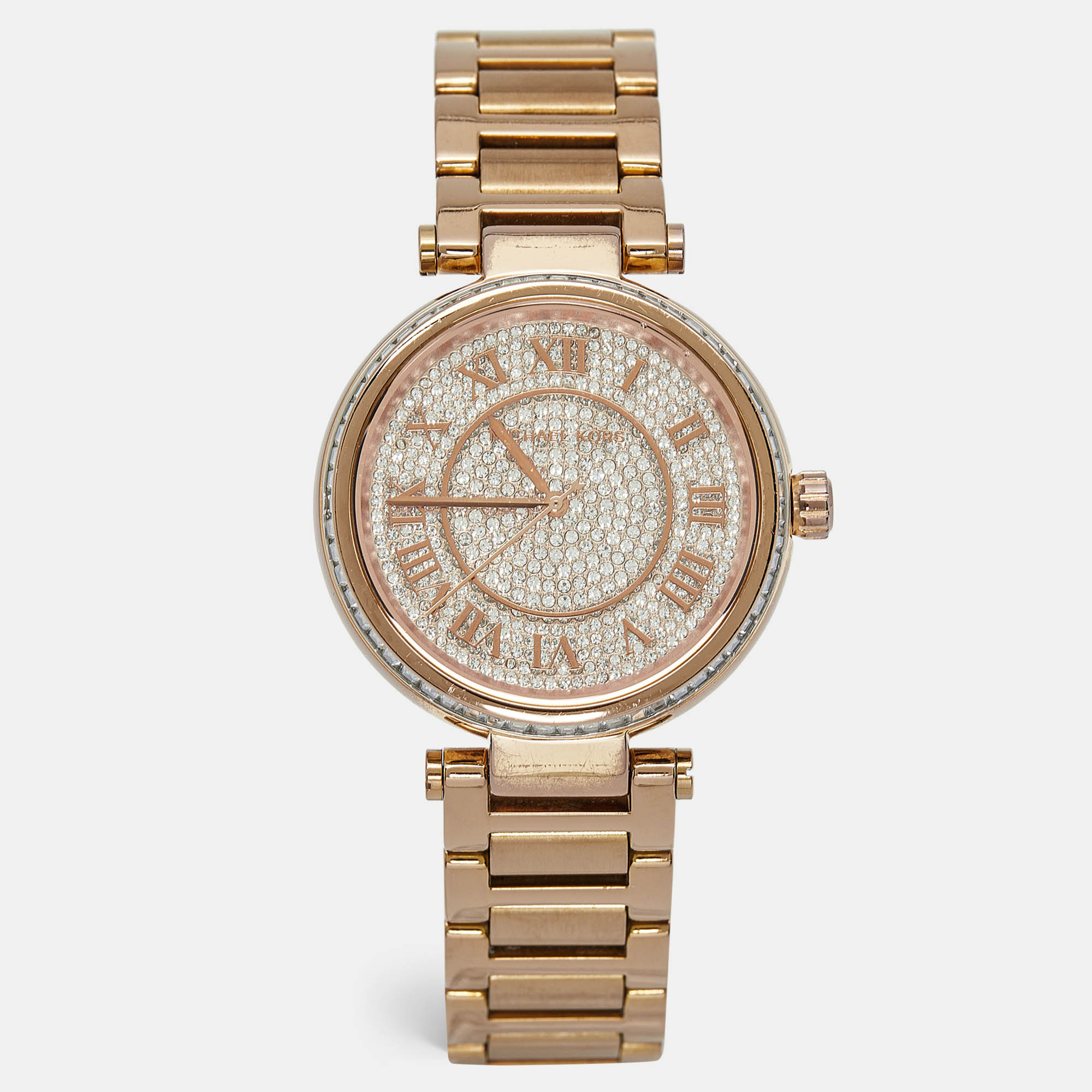 Pre-owned Michael Kors Pave Rose Gold Plated Stainless Steel Skylar Mk5868 Women's Wristwatch 40 Mm In Silver