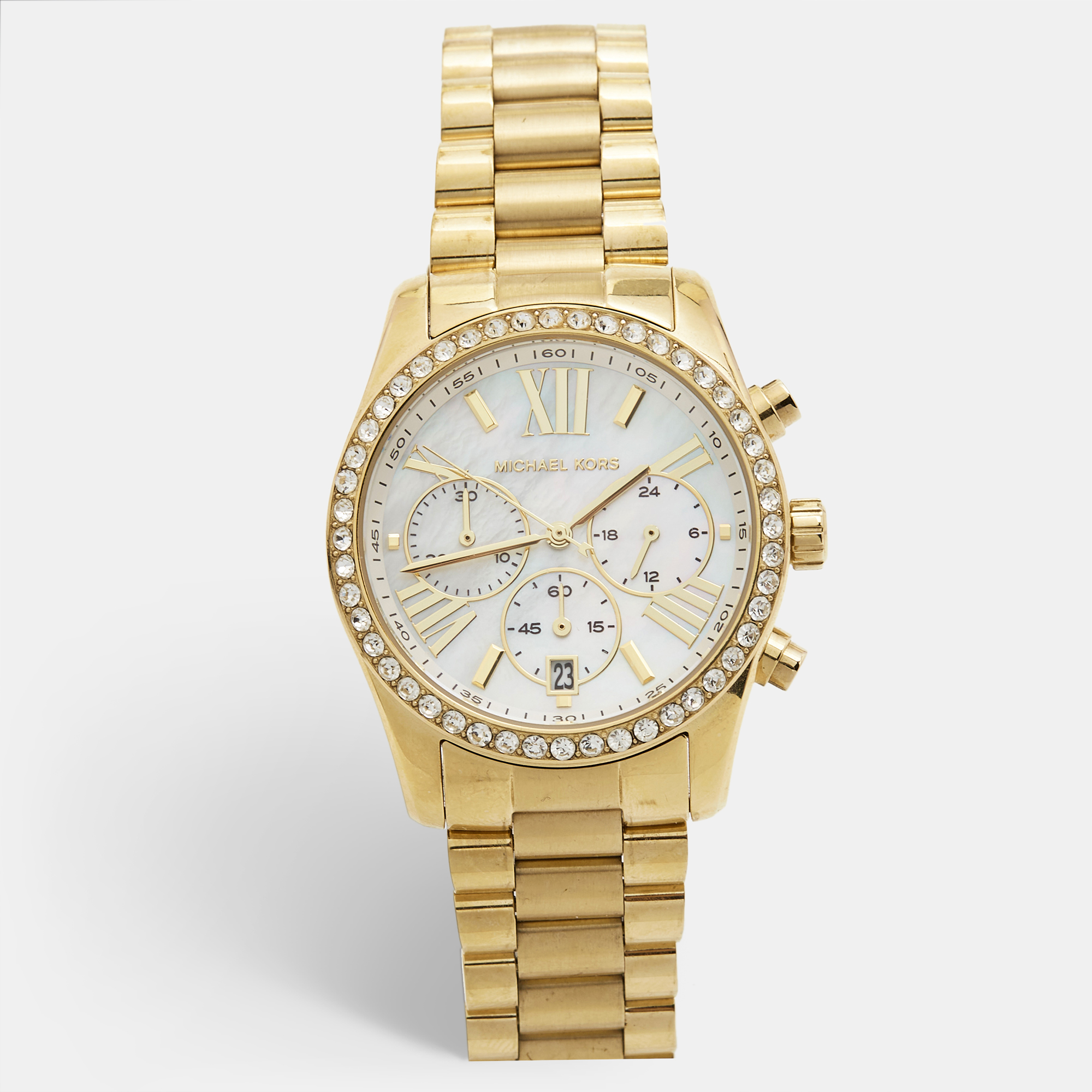 Pre-owned Michael Kors Mother Of Pearl Gold Plated Stainless Steel Lexington Mk7241 Women's Wristwatch 38 Mm In White