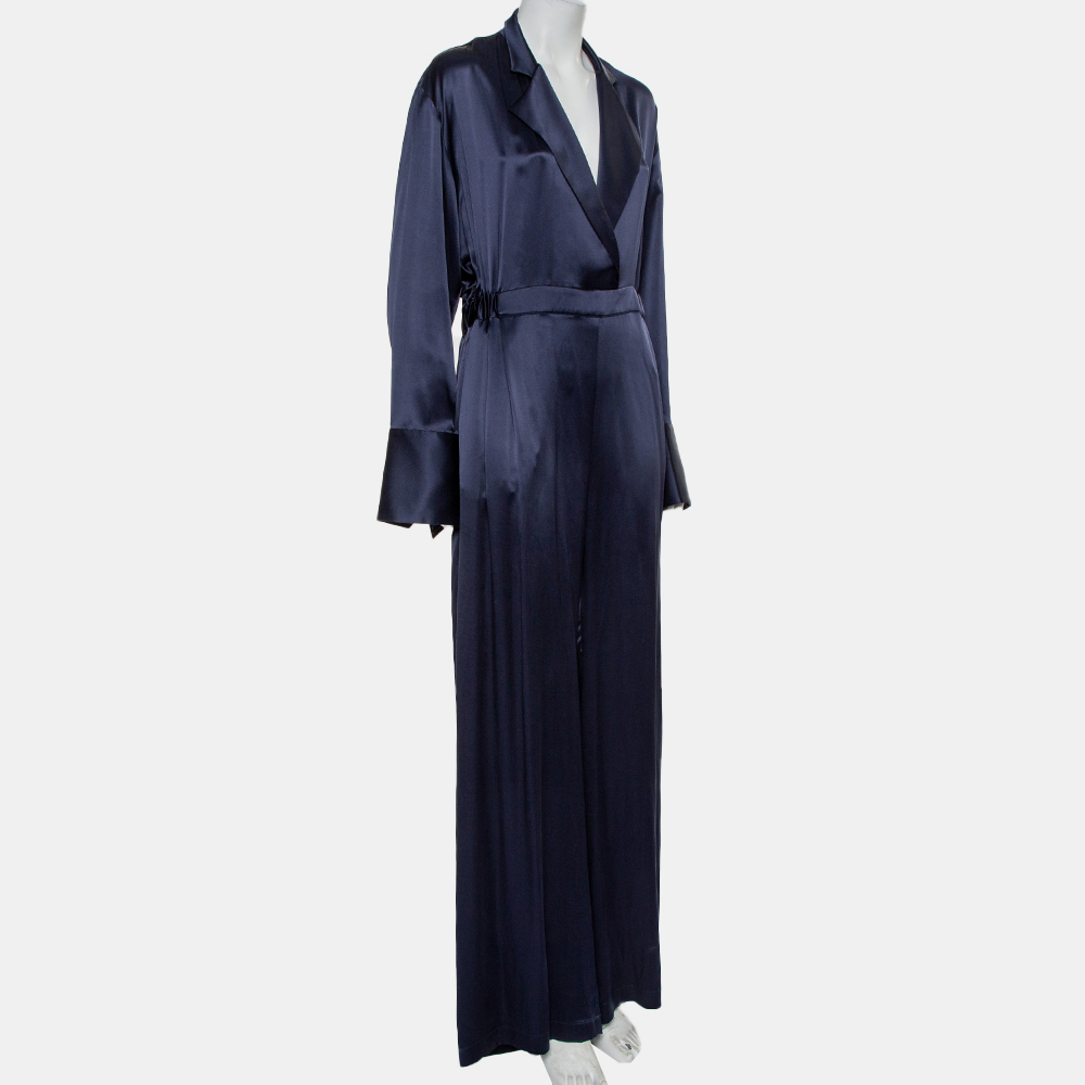 

Michael Lo Sordo Navy Blue Silk Satin Collared Jumpsuit