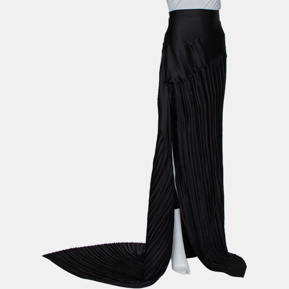 

Michael Lo Sordo Black Satin Plisse Asymmetric hem Slit Detail Maxi Skirt