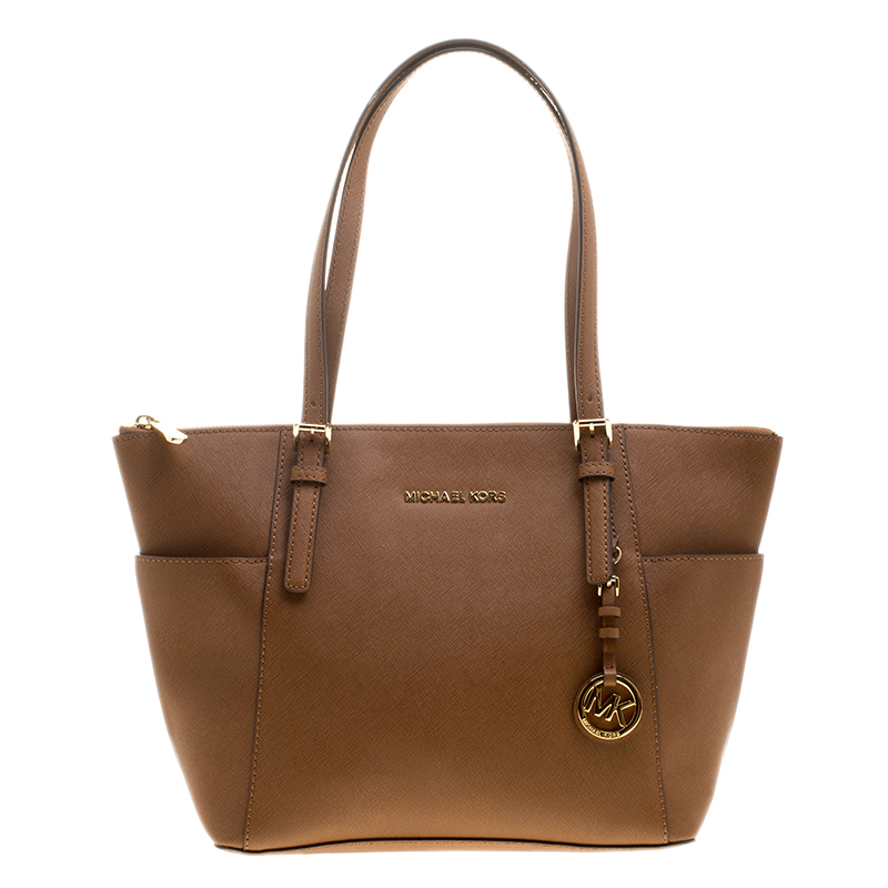 مملوكة مسبقًا Michael Michael Kors Brown Saffiano Leather Top-zip Jet Set Tote
