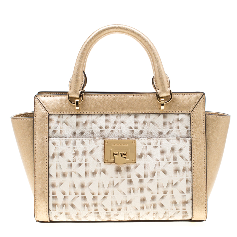 Pre Owned MICHAEL Michael Kors Gold/White Signature Coated Canvas and Leather Tina TZ Tote