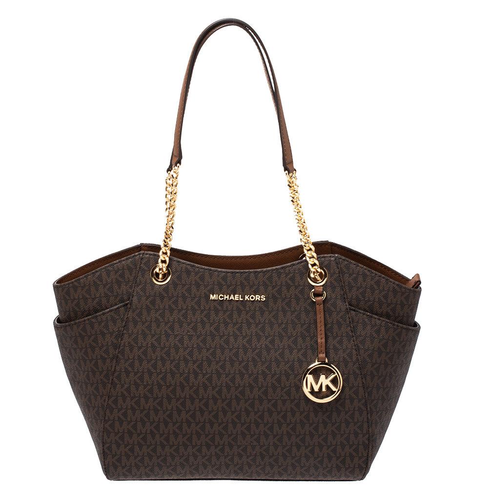 Pre Owned MICHAEL Michael Kors Brown Coated Canvas Jet Set Chain Shoulder Bag