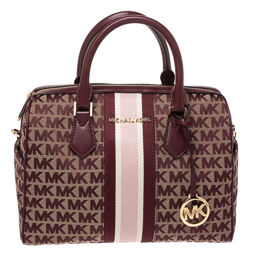Pre Owned MICHAEL Michael Kors Burgundy Canvas and Leather Bedfod Boston Bag