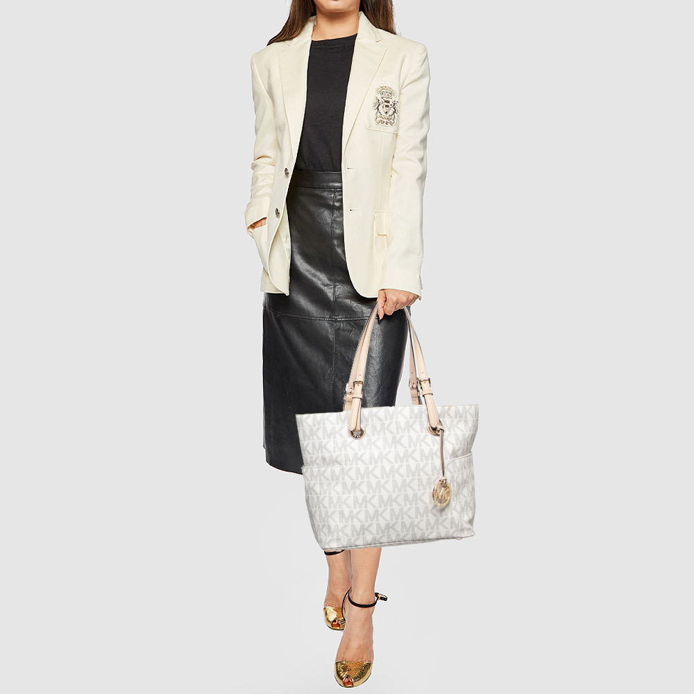 

MICHAEL Michael Kors White Signature Coated Canvas and Leather Jet Set East West Tote