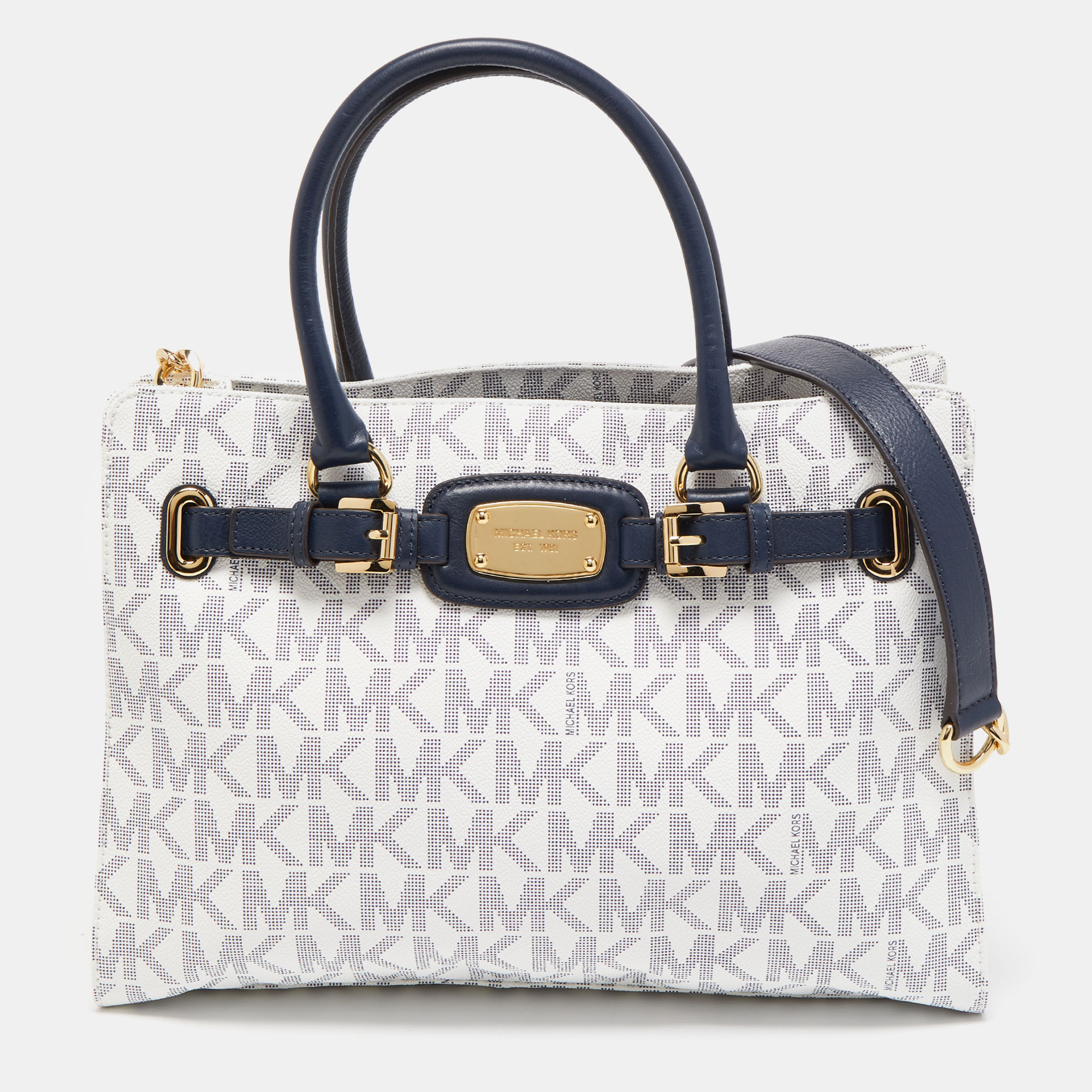 Pre-owned Michael Michael Kors White/navy Blue Signature Coated Canvas Large East West Hamilton Tote