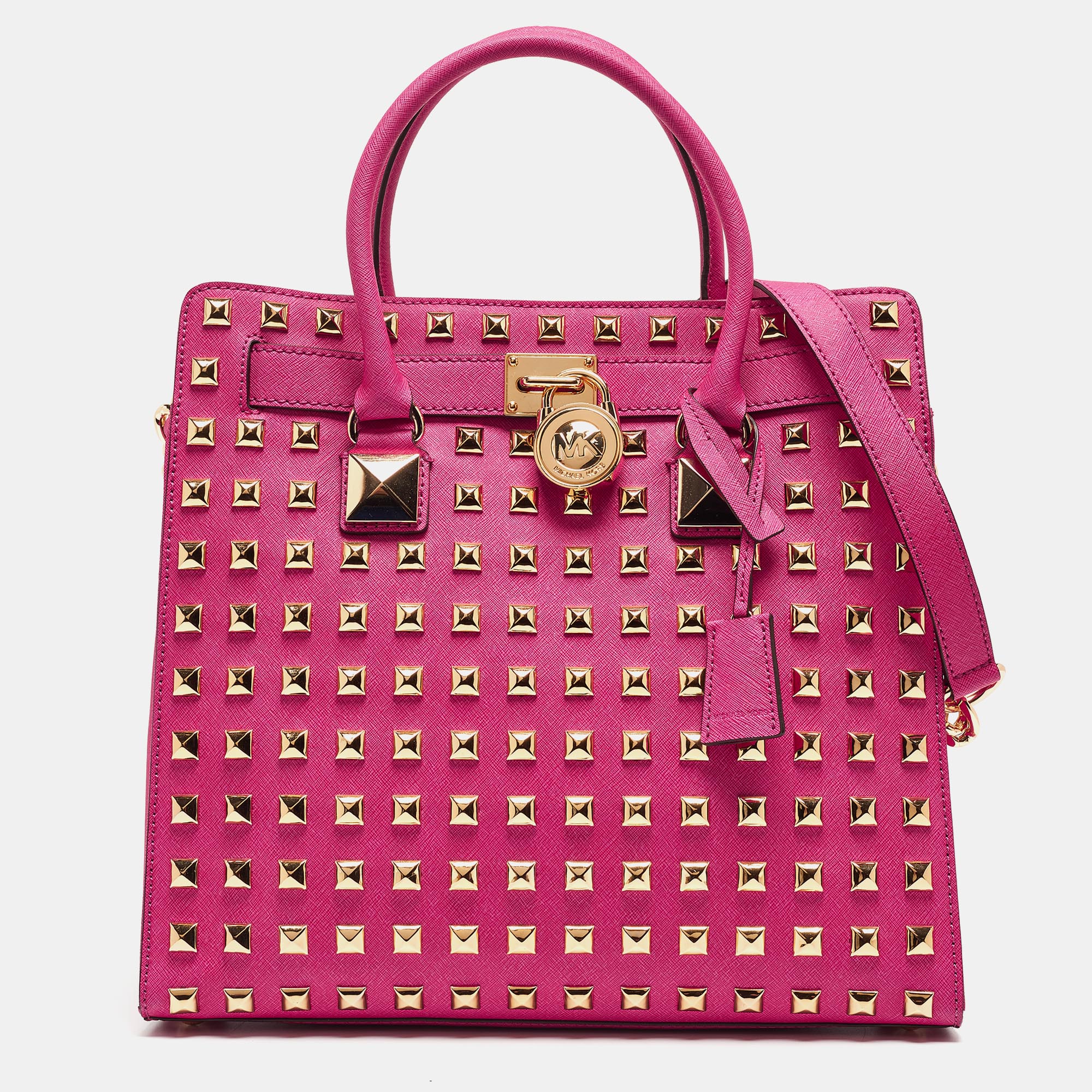 Pre-owned Michael Michael Kors Pink Leather Studded Large North South Hamilton Tote