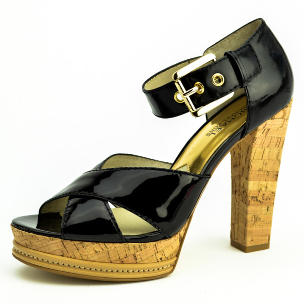 Pre Owned MICHAEL Michael Kors Black Patent Ankle Strap Sandals Size 38.5