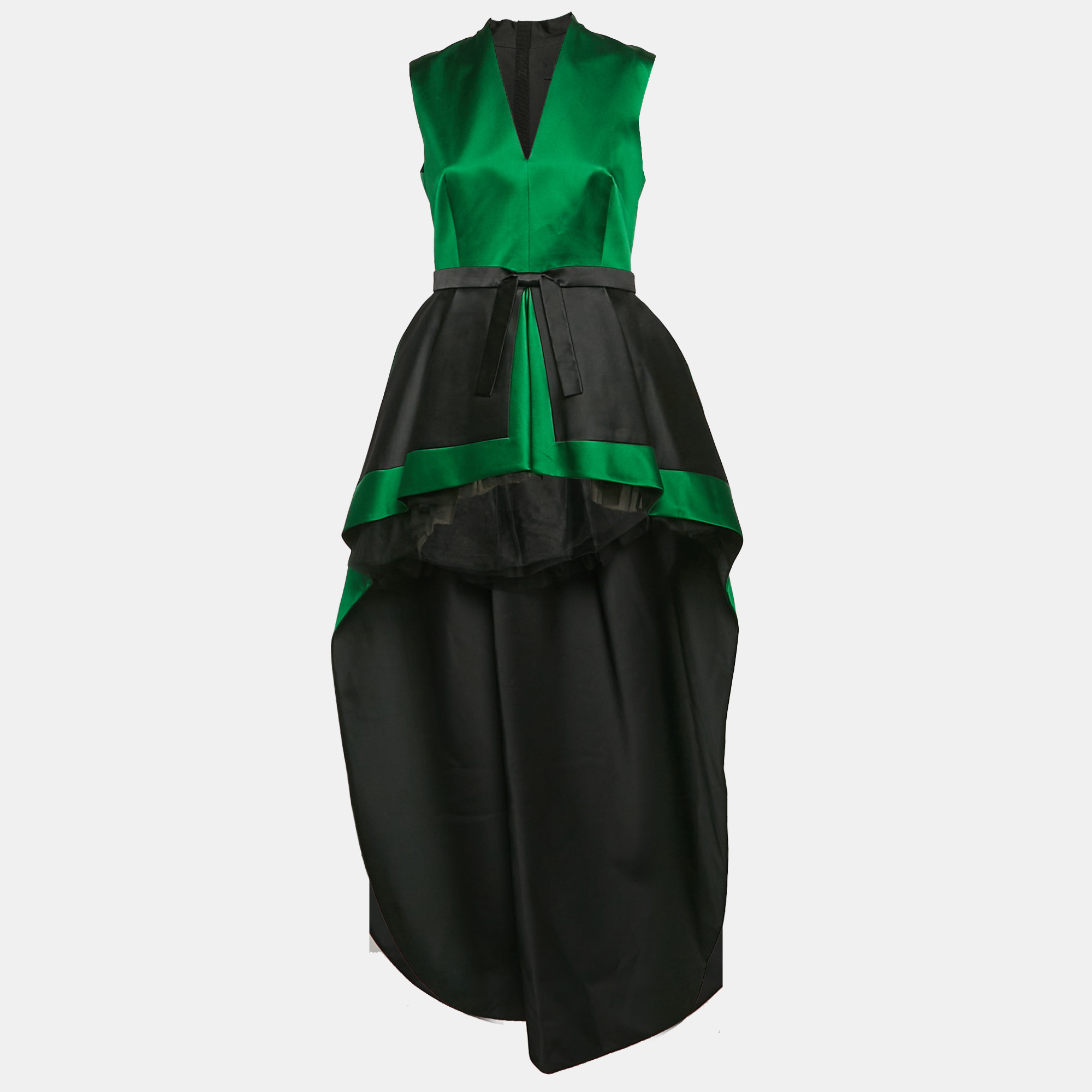 

Paule Ka Green/Black Silk Asymmetric V-Neck Gown S