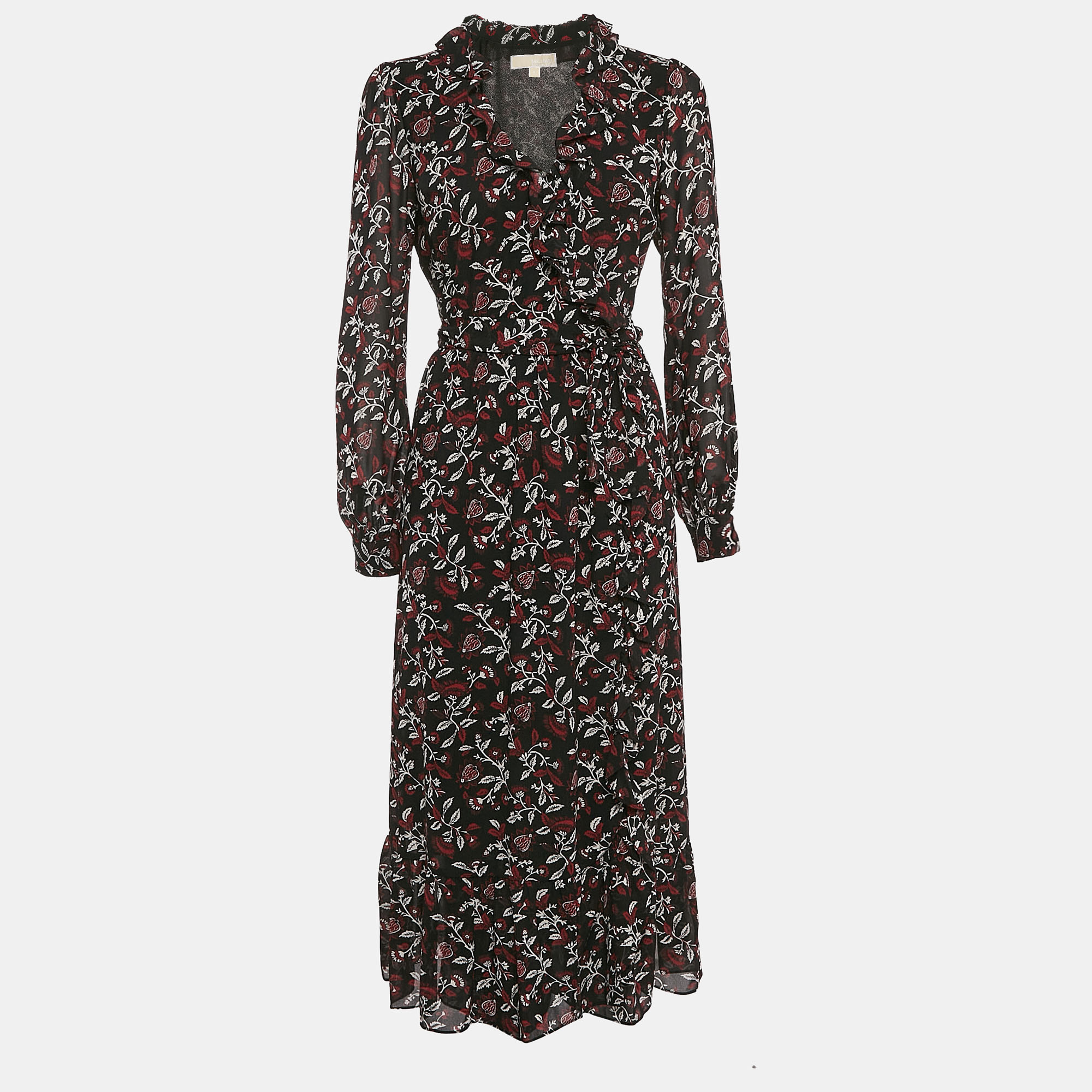 

MICHAEL Michael Kors Black Floral Print Crepe Wrap Dress S