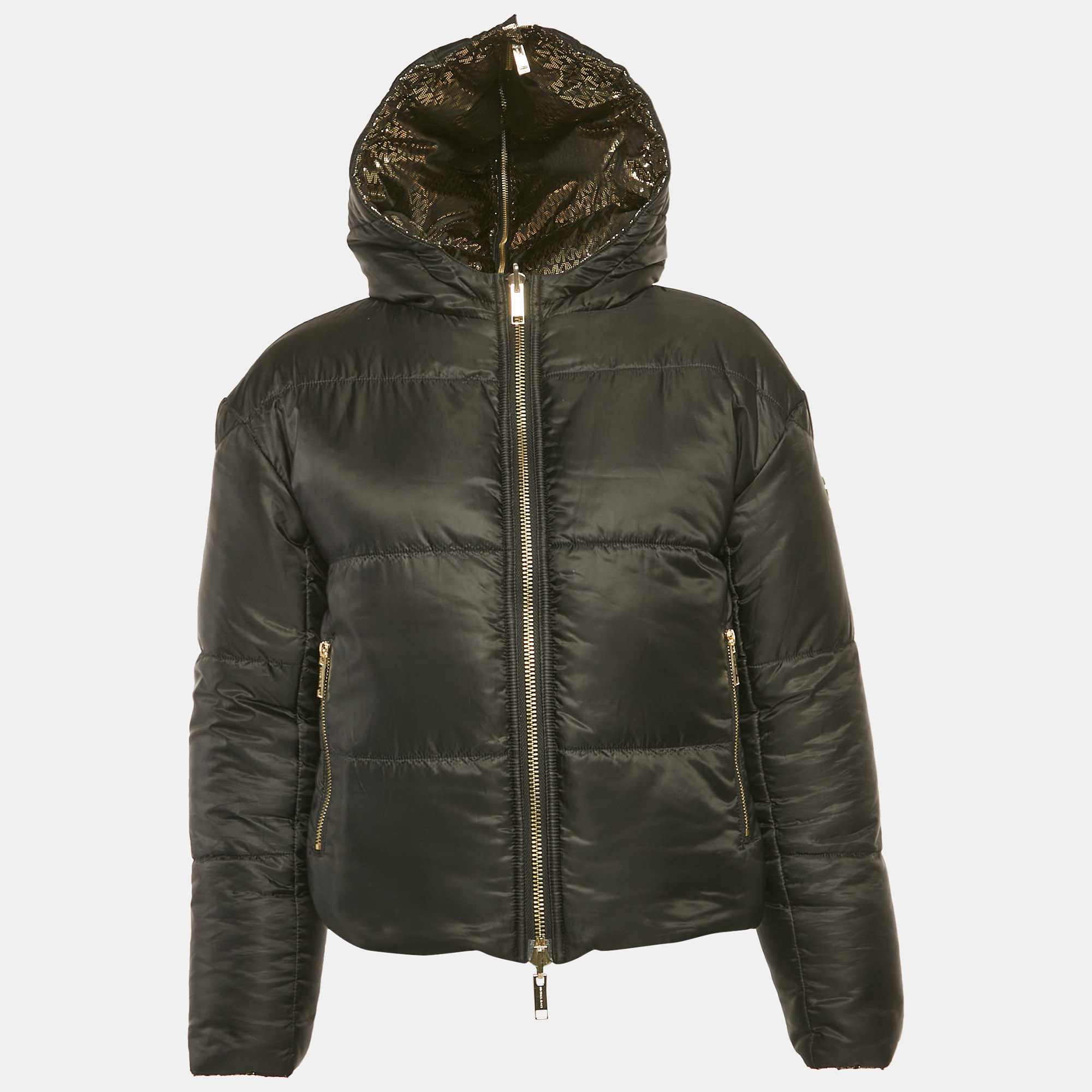 

MICHAEL Michael Kors Black/Gold Metallic Logo Ciré Reversible Puffer Jacket XS