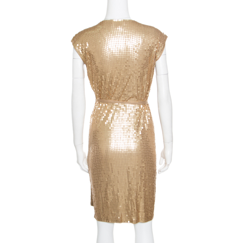 Pre-owned Michael Michael Kors Gold Sequined Wrap Dress S