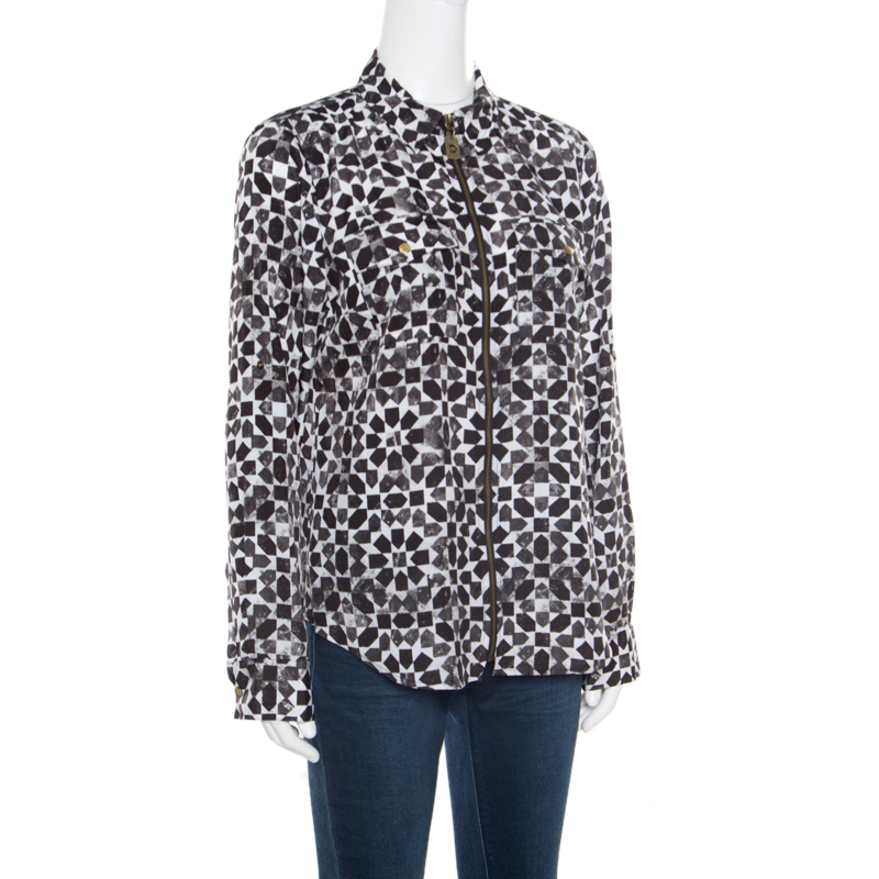 

Michael Michael Kors Monochrome Geometric Print Zip Front Long Sleeve Blouse, Black