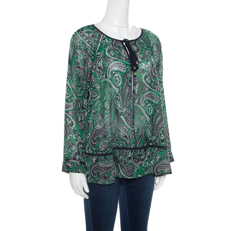 

Michael Michael Kors Navy Blue and Green Paisley Printed Ladder Lace Insert Tie Detail Blouse
