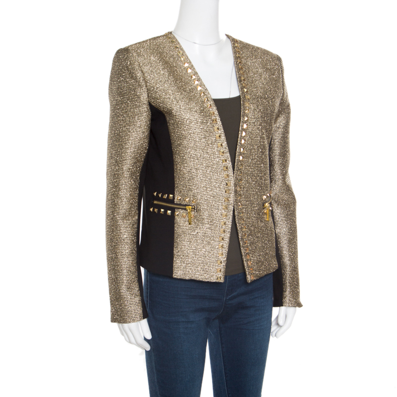 

Michael Michael Kors Gold Contrast Paneled Embellished Front Open Blazer