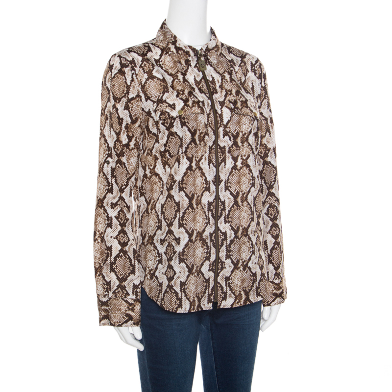 

Michael Michael Kors Brown and White Python Scale Printed Zip Front Blouse