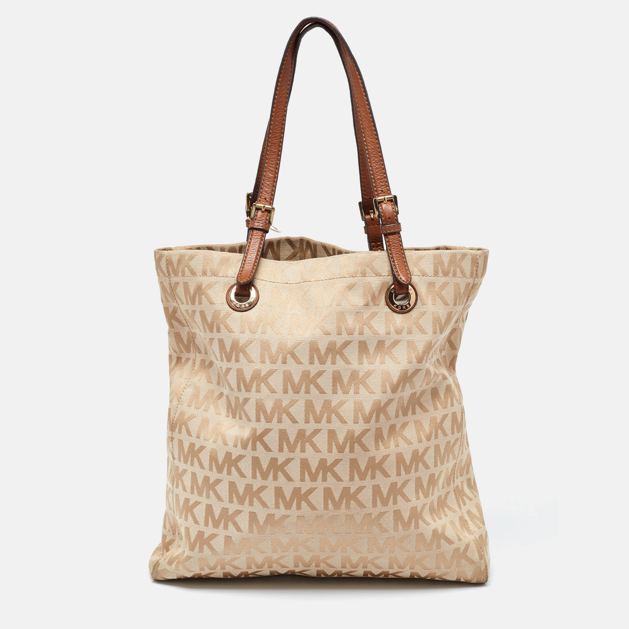 

MICHAEL Michael Kors Beige/Brown Signature Canvas and Leather North South Tote