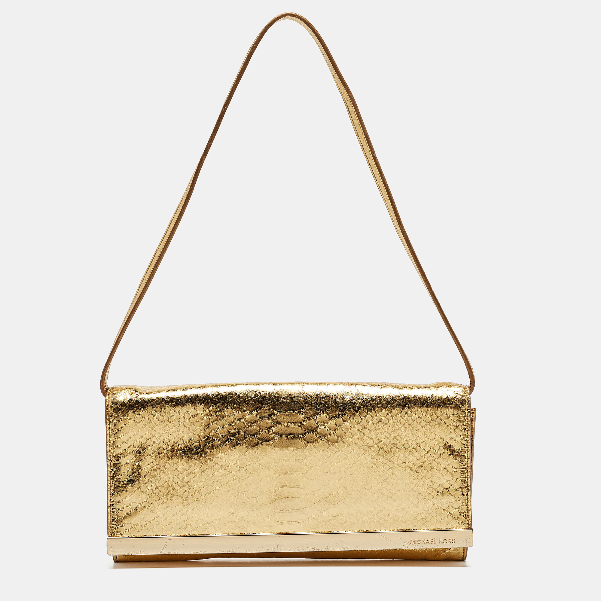 

MICHAEL Michael Kors Gold Python Effect Leather Lana Clutch Bag