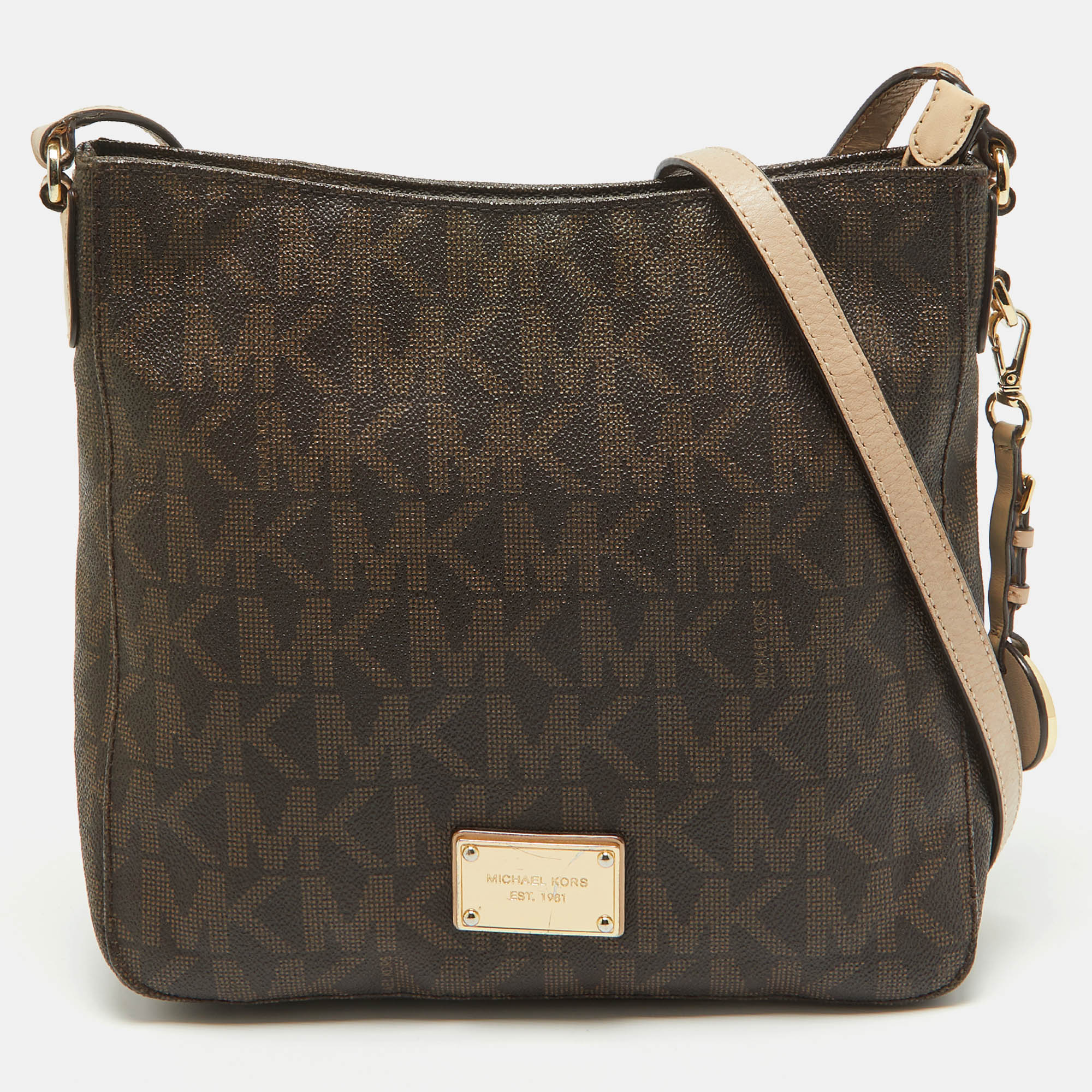 

MICHAEL Michael Kors Brown/Beige Sigature Coated Canvas and Leather Jet Set Travel Messenger Bag