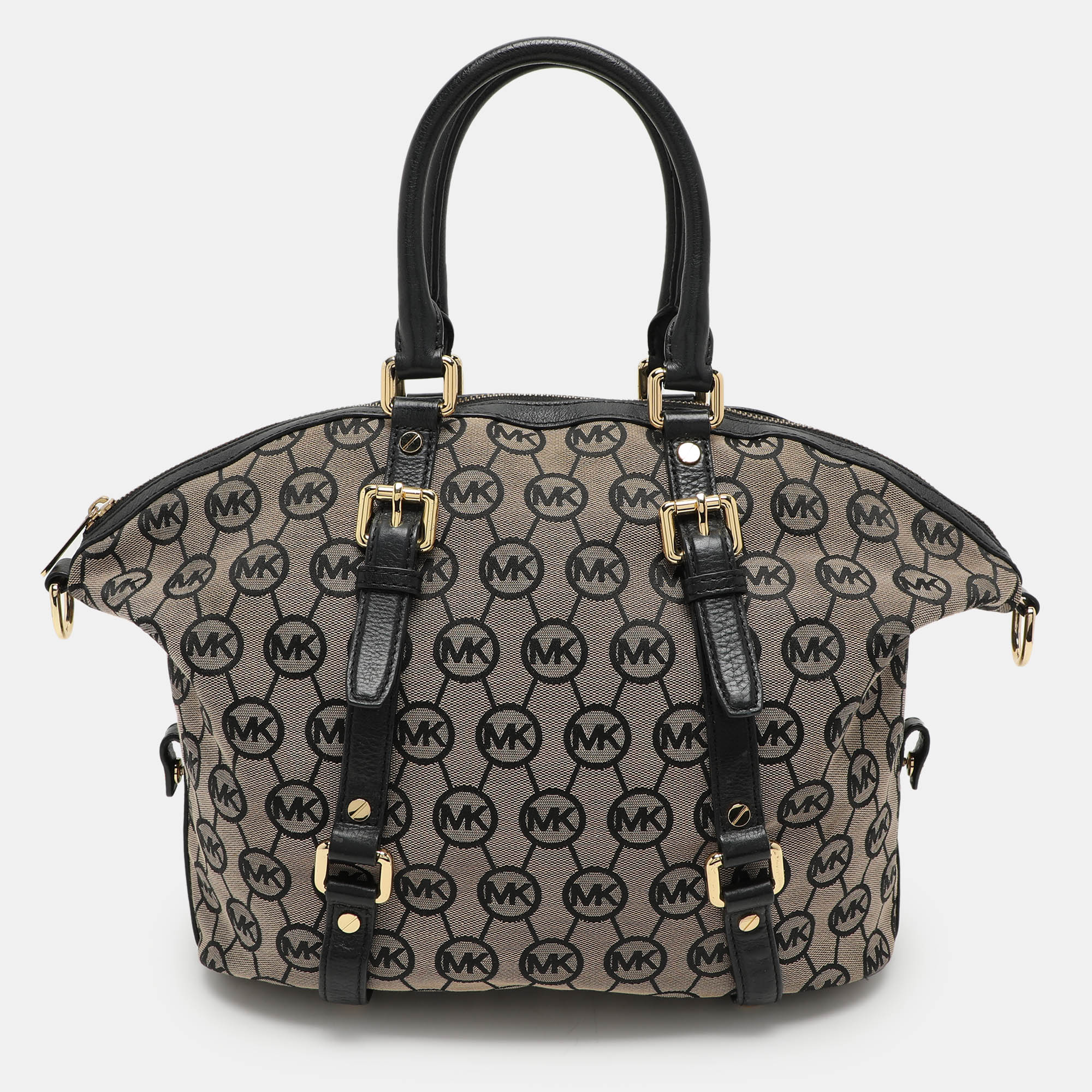 

MICHAEL Michael Kors Beige/Black Monogram Canvas and Leather Bedford Satchel