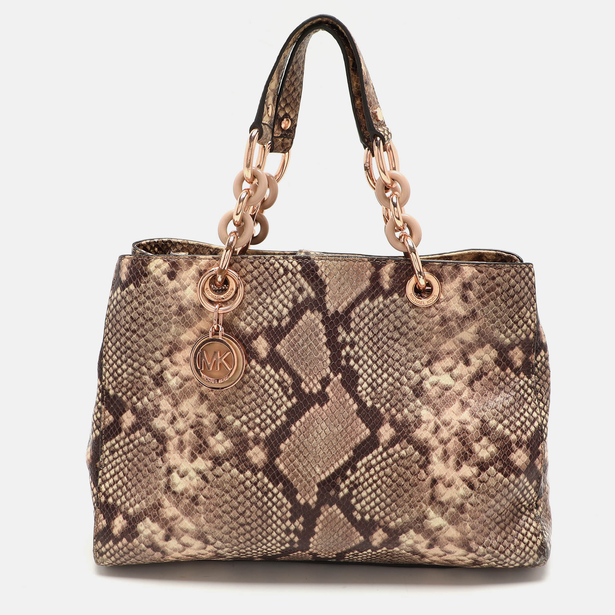 

MICHAEL Michael Kors Beige/Brown Python Embossed Leather Cynthia Satchel