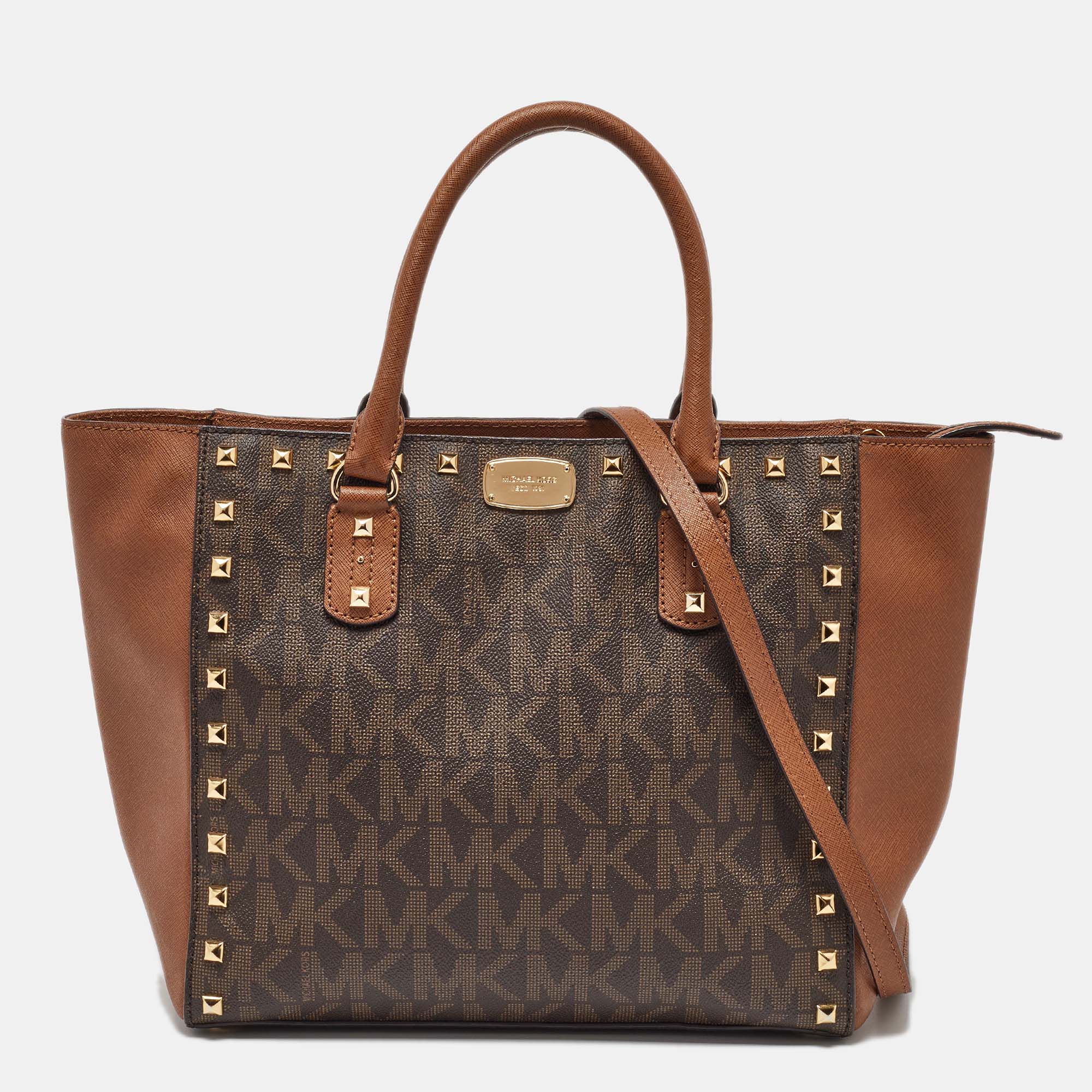 

MICHAEL Michael Kors Brown Signature Coated Canvas and Leather Studded Sandrine Tote