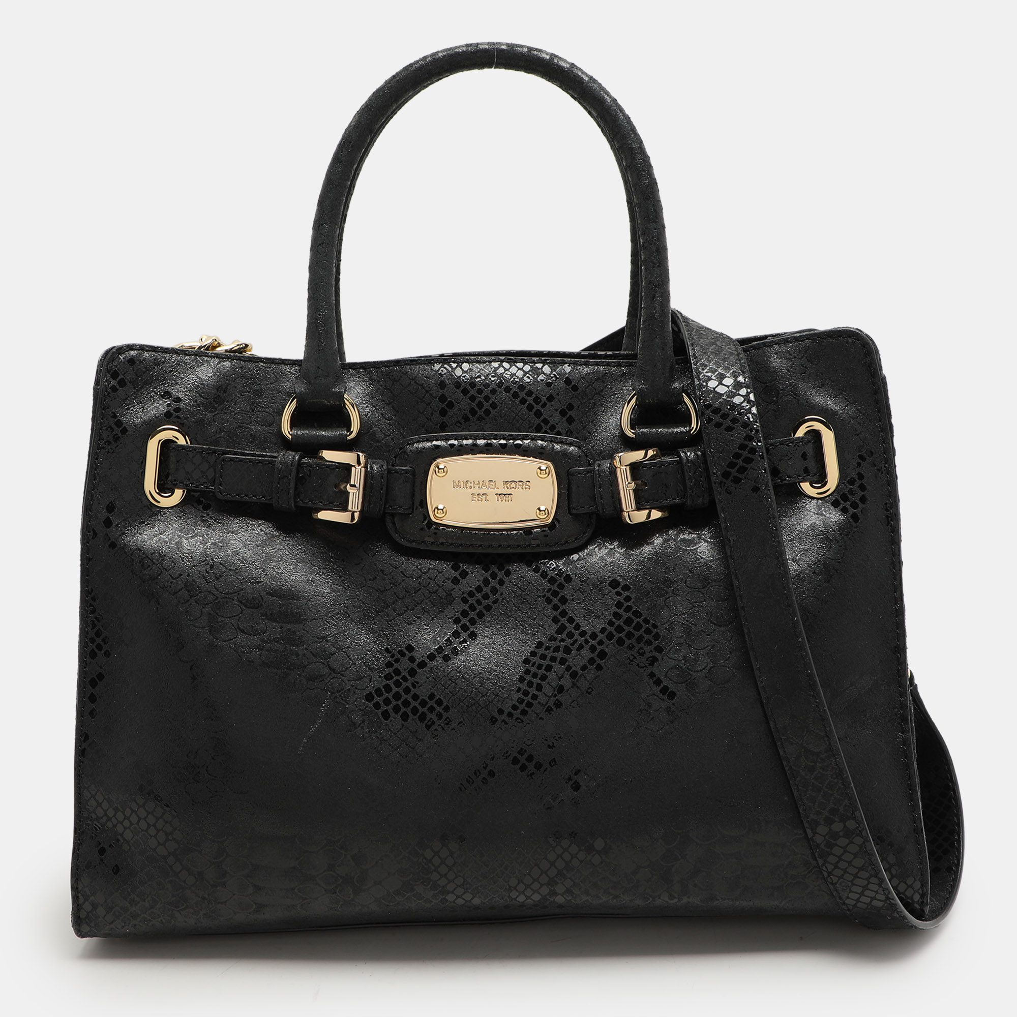 

MICHAEL Michael Kors Black Python Print Leather  East West Hamilton Tote