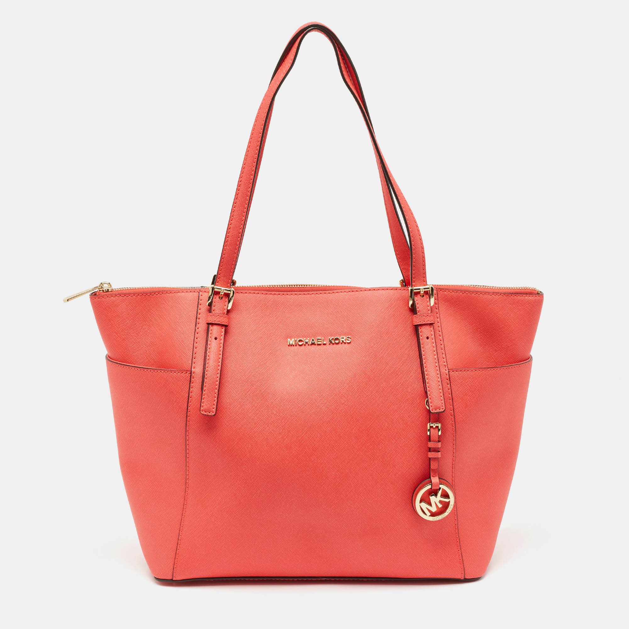 

MICHAEL Michael Kors Red Saffiano Leather  Top Zip Jet Set Tote