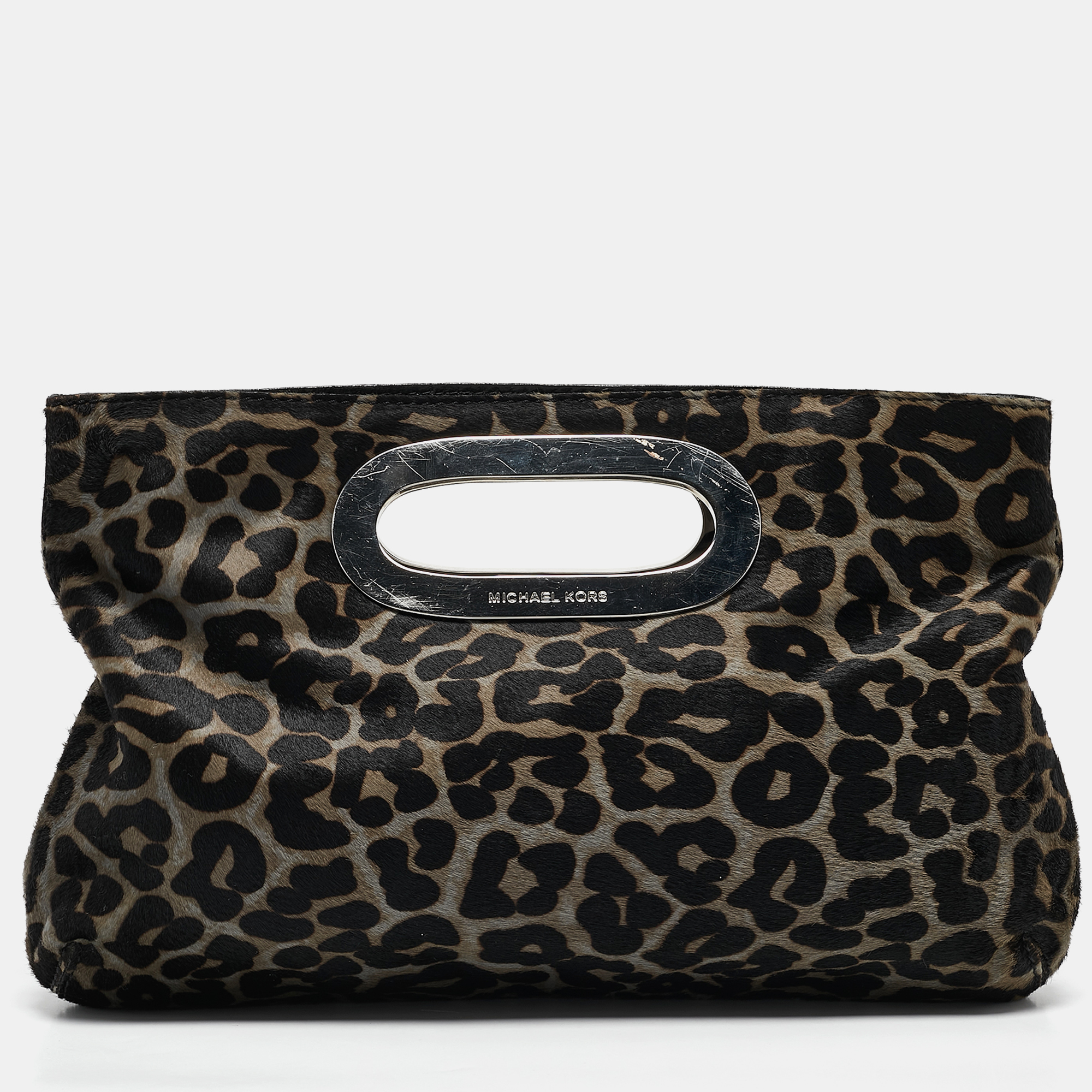 

MICHAEL Michael Kors Black/Grey Leopard Print Calf Hair Berkley Clutch