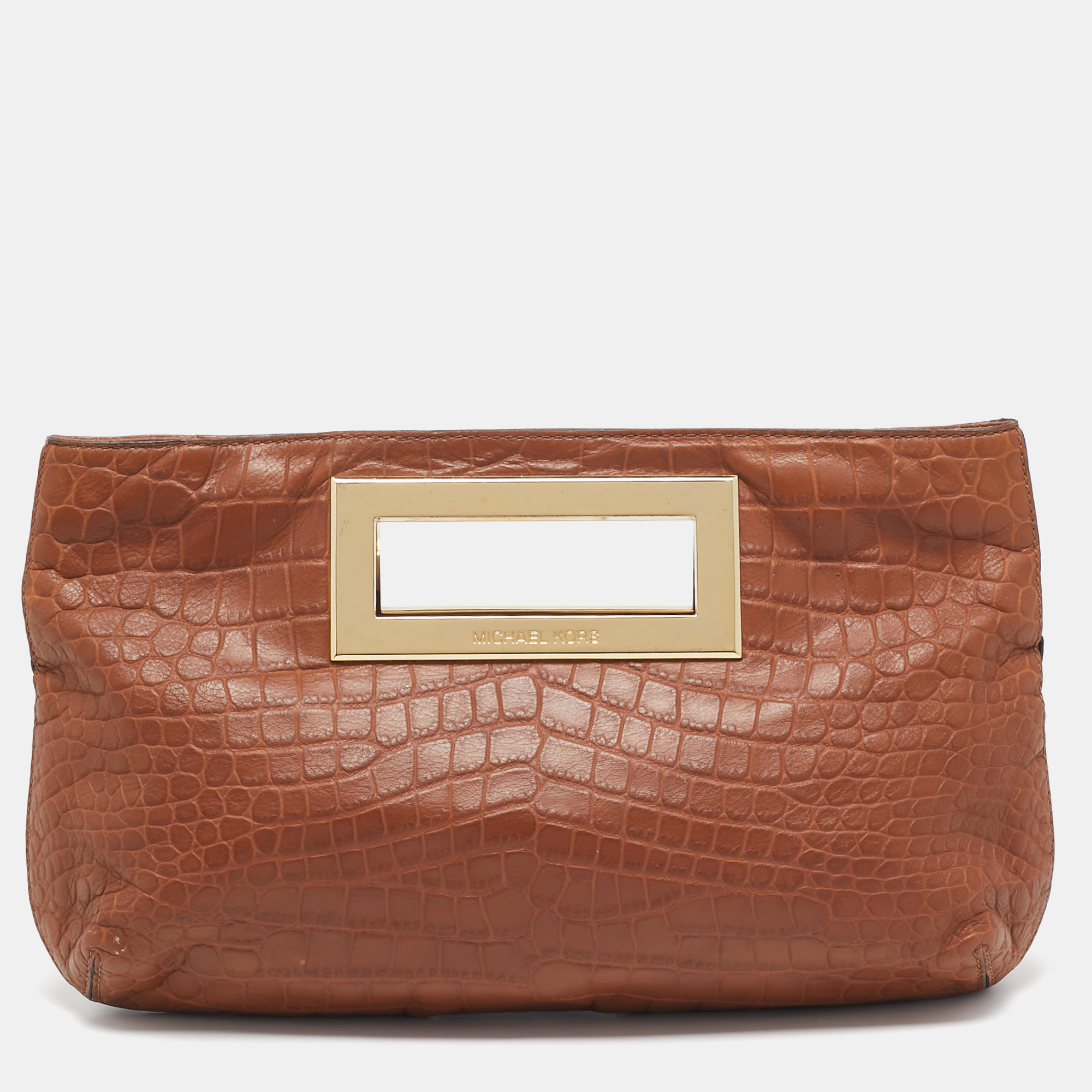 

MICHAEL Michael Kors Brown Croc Embossed Leather Berkley Clutch